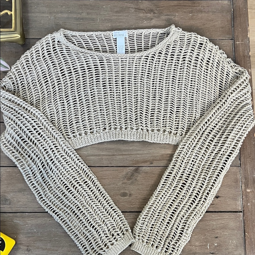 Tan Crochet Knit Crop Sweater